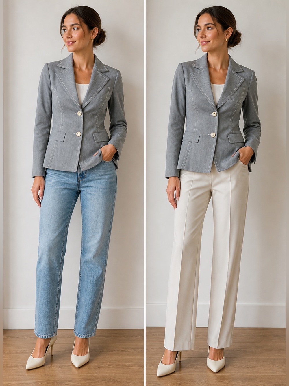 Gray White Pinstripe Fitted Blazer Jacket Tailored XS